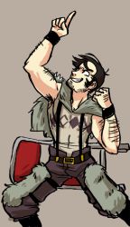 Rule 34 | 1boy, arm hair, beowulf (skullgirls), black hair, cape, chair, dani grew, drawfag, facial hair, folding chair, male focus, manly, pelt, pointing, pointing up, retrodynamics, topless male, sideburns, skullgirls, solo, stubble, suspenders, the hurting, wristband