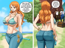 Rule 34 | 1girl, 2boys, absurdres, arm tattoo, ass, bikini, bikini top only, breasts, brown eyes, clothes, dark-skinned male, dark skin, english text, highres, huge breasts, interracial, long hair, marine (one piece), multiple boys, nami (one piece), one piece, open mouth, orange hair, partially undressed, pinkpawg, smile, speech bubble, swimsuit, tattoo
