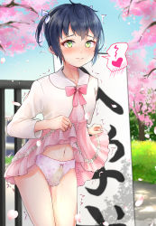 Rule 34 | 1boy, absurdres, black hair, blouse, blue bow, blue ribbon, blue sky, blush, bow, bow panties, bulge, checkered clothes, checkered dress, cherry blossoms, closed mouth, clothes lift, collarbone, collared shirt, cowboy shot, crossdressing, dress, embarrassed, falling petals, flower, flower print, furrowed brow, gate, green eyes, hair bow, hair ornament, hair ribbon, hair strand, heart, highres, humiliation, knees together feet apart, lace, lace trim, legs together, lifting own clothes, long sleeves, looking at viewer, male focus, navel, original, panties, pee, pee stain, peeing, peeing self, petals, peteron, pink bow, pink dress, pink neckwear, pink panties, pink ribbon, pleated dress, ribbon, ribbon trim, school, shadow, shiny skin, shirt, short hair, side ponytail, sidelocks, sign, skirt, skirt lift, sky, speech bubble, spoken blush, spoken heart, thighs, trap, trembling, underwear, wet, wet clothes, wet panties, white shirt