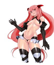 Rule 34 | 1girl, breasts, elbow gloves, frills, gloves, highres, horns, lips, long hair, looking at viewer, pink eyes, pink hair, pussy, solo, thighhighs, thong, very long hair, white background, yogurtmilk