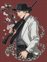 Rule 34 | 1boy, alto clef, assa, blonde hair, facial hair, flower, gun, hat, lab coat, male focus, necktie, parted lips, red background, scp foundation, signature, smile, snake, striped, branch, weapon