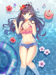 Rule 34 | 1girl, :3, absurdres, bikini, blue bikini, blue eyes, blush, breasts, brown hair, cleavage, commentary request, cup, drinking straw, flower, hair between eyes, highres, ichinose shiki, idolmaster, idolmaster cinderella girls, in water, innertube, knees together feet apart, large breasts, long hair, looking at viewer, lying, m (kuhxincai), mismatched bikini, navel, on back, partially submerged, red bikini, solo, swim ring, swimsuit, thigh gap, water