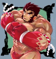 Rule 34 | 1boy, abs, bara, bulge, clenched hands, colored skin, cowboy shot, erection, erection under clothes, facial hair, fist bump, forked eyebrows, fundoshi, goatee, gradient skin, hachimaki, headband, highres, inset border, japanese clothes, large hands, large pectorals, long sideburns, looking at viewer, male focus, mature male, muscular, muscular male, mutton chops, nejiri hachimaki, pectorals, red fundoshi, red skin, short hair, sideburns, smile, solo, standing, strongman waist, tajikarao (housamo), tatsumonji yukara, thick arms, thick eyebrows, thick thighs, thighs, tokyo houkago summoners, topless male, tusks