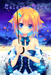Rule 34 | 1girl, bad id, bad pixiv id, bare shoulders, blonde hair, blue eyes, blush, cover, cover page, dress, holding, looking at viewer, nemuri nemu, original, petals, short hair, smile, solo, umbrella