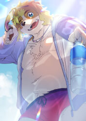 Rule 34 | 1boy, animal ears, bara, blue eyes, blue sky, bottle, claws, cloud, cloudy sky, commentary request, diffraction spikes, dog boy, dog ears, from below, furry, furry male, giving, hisaki (live a hero), holding, holding removed eyewear, light rays, live a hero, looking at viewer, male focus, open mouth, pawpads, purasu no konbu, red shorts, shorts, sky, smile, sun glare, swimsuit, unworn eyewear, water bottle