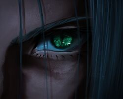 Rule 34 | 1boy, absurdres, black hair, character request, close-up, copyright request, crain1art, eye focus, eyelashes, green eyes, grey hair, highres, looking at viewer, male focus, sidelocks, slit pupils, solo