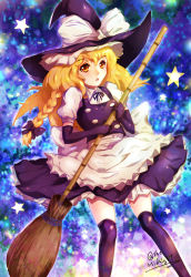 Rule 34 | 1girl, :o, black gloves, black socks, blonde hair, bow, braid, broom, dress, elbow gloves, gloves, hair bow, hat, hat bow, highres, kirisame marisa, kneehighs, long hair, looking at viewer, mayonaka taruho, open mouth, signature, single braid, socks, solo, star (symbol), touhou, triangle mouth, witch hat, yellow eyes