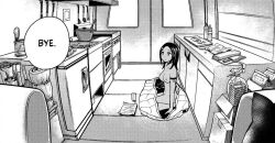 Rule 34 | 1girl, arisa (crazy food truck), armband, black hair, box, boxes, breasts, can, completely nude, cooking pot, crazy food truck, food truck, fridge, glass, greyscale, inside food truck, kitchen, manga illustration, medium breasts, monochrome, nipples, nude, official art, ogaki rokurou, oven, sleeping bag, speech bubble, vehicle, vehicle interior, wrapper