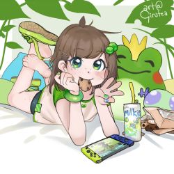 Rule 34 | 1girl, ahoge, barefoot, beige shirt, blue nails, blush, bread, brown hair, child, cookie, crown, food, food in mouth, unworn footwear, freckles, body freckles, frog, full body, girutea, green eyes, green nails, green shirt, hand on own face, heel up, heels, indie virtual youtuber, leaves, lily hopkins, looking at viewer, messy hair, milk, multicolored clothes, multicolored nails, nail polish, nintendo, nintendo switch, shirt, smile, soles, tagme, toes, virtual youtuber, yellow nail polish