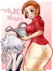 Rule 34 | 1boy, 1girl, :p, ass, bare shoulders, blue eyes, blush, border, breasts, child, covering own eyes, cowboy shot, embarrassed, gradient background, highres, hoimin (anchangdeath), hunter x hunter, japanese text, killua zoldyck, large breasts, light purple hair, looking at another, looking back, medium breasts, mito freecss, orange hair, outline, outside border, panties, peeking through fingers, pink background, pink outline, red shirt, see-through, shirt, short hair, shy, simple background, skirt, sleeveless, sleeveless shirt, sleeves rolled up, speech bubble, standing, sweatdrop, tagme, tongue, tongue out, translated, underwear, watering can, wet, wet clothes, white border, yellow skirt