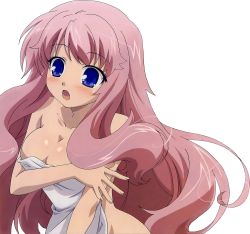 Rule 34 | 1girl, absurdres, baka to test to shoukanjuu, blue eyes, blush, breasts, extraction, female focus, highres, himeji mizuki, long hair, open mouth, pink hair, simple background, solo, third-party edit, towel