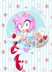 Rule 34 | 1girl, absurdres, alternate costume, amy rose, basket, drawloverlala, dress, food, food print, fruit, full body, furry, furry female, gloves, green eyes, hairband, highres, mary janes, open mouth, shoes, smile, socks, solo, sonic (series), strawberry, strawberry print, white dress, white gloves, white socks