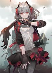Rule 34 | 1girl, ahoge, arknights, assault rifle, black gloves, black jacket, black pantyhose, black skirt, breasts, bruise, controller, cowboy shot, eihi, fingerless gloves, gloves, grey hair, gun, holding, horns, injury, jacket, long sleeves, looking at viewer, m4 carbine, medium breasts, medium hair, miniskirt, mk 18 carbine, nail polish, open clothes, open jacket, pantyhose, parted lips, red eyes, red nails, remote control, rifle, scarf, shirt, short hair, skirt, solo, standing, strap, w (arknights), weapon, white shirt
