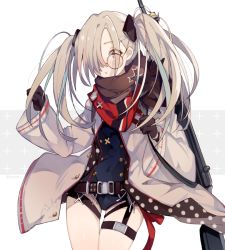 Rule 34 | 1girl, blue hair, blue leotard, blush, brown gloves, brown scarf, captain yue, commentary, cowboy shot, cross, eyes visible through hair, general-purpose machine gun, girls&#039; frontline, glasses, gloves, grey background, grey hair, gun, h&amp;k hk21, hair ornament, hair over one eye, hands up, hk21, hk21 (girls&#039; frontline), iron cross, jacket, leotard, long hair, long sleeves, looking at viewer, machine gun, multicolored hair, open clothes, open jacket, parted lips, round eyewear, scarf, solo, streaked hair, thigh gap, thigh strap, twintails, two-tone background, weapon, weapon on back, white background, white jacket, wide sleeves