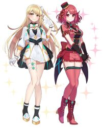 Rule 34 | 2girls, adapted costume, alternate costume, alternate hairstyle, blonde hair, blush, bow, bowtie, breasts, cleavage, gloves, highres, idol clothes, large breasts, long hair, looking at viewer, multiple girls, mythra (xenoblade), pyra (xenoblade), red eyes, red hair, shinae, shoes, short hair, shorts, side ponytail, skirt, smile, swept bangs, thigh strap, thighs, very long hair, xenoblade chronicles (series), xenoblade chronicles 2, yellow eyes
