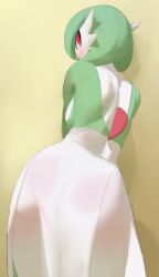 Rule 34 | 1girl, absurdres, ass, back, breasts, colored skin, contrapposto, creatures (company), from behind, game freak, gardevoir, gen 3 pokemon, green hair, highres, large breasts, looking at viewer, looking back, multicolored skin, nintendo, pelvic curtain, pokemon, pokemon (creature), red eyes, ringed eyes, short hair, smewed, solo, two-tone skin, white skin