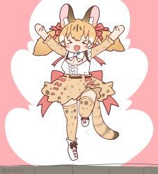 Rule 34 | 1girl, animal ears, belt, boots, bow, bowtie, brown hair, cat ears, cat girl, cat tail, coroha, extra ears, full body, jumping, kemono friends, kemono friends v project, kneehighs, large-spotted genet (kemono friends), long hair, looking at viewer, microphone, pink background, ribbon, shirt, simple background, skirt, socks, solo, tail, twintails, virtual youtuber