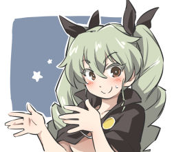 Rule 34 | 1girl, anchovy (girls und panzer), black cape, black ribbon, blush, brown eyes, cape, closed mouth, commentary, drill hair, gesture, girls und panzer, green hair, hair ribbon, long hair, looking at viewer, naked cape, outline, ribbon, smile, solo, star (symbol), sweatdrop, tewarusa, twin drills, twintails, white outline