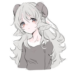 Rule 34 | 1girl, :&lt;, animal ear fluff, animal ears, arms at sides, closed mouth, collarbone, cropped torso, empty eyes, expressionless, grey eyes, grey hair, grey shirt, hair between eyes, head tilt, horns, kinutani yutaka, long hair, long sleeves, looking at viewer, messy hair, multicolored eyes, original, red eyes, red pupils, sheep ears, sheep girl, sheep horns, shirt, signature, simple background, sketch, solo, tareme, upper body, very long hair, wavy hair, white background