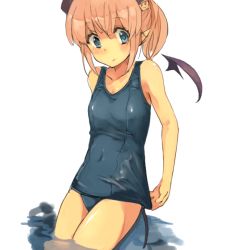 Rule 34 | 1girl, adjusting clothes, adjusting swimsuit, bare shoulders, bat wings, blue eyes, blush, long hair, monorino, one-piece swimsuit, original, pink hair, pointy ears, ponytail, school swimsuit, solo, swimsuit, tail, water, wings