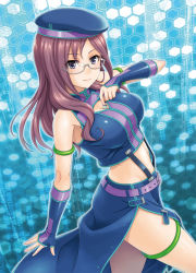 Rule 34 | 10s, 1girl, arm up, arm warmers, armlet, bare shoulders, belt, belt buckle, beret, between breasts, blue hat, blue vest, blush, breasts, brown hair, buckle, cleavage, cleavage cutout, closed mouth, clothing cutout, fingerless gloves, from side, glasses, gloves, grey-framed eyewear, hat, hida tatsuo, highres, honeycomb (pattern), honeycomb background, honeycomb pattern, idolmaster, idolmaster cinderella girls, large breasts, long hair, looking at viewer, looking to the side, purple eyes, semi-rimless eyewear, side slit, smile, solo, thighs, under-rim eyewear, vest, walking, yagami makino