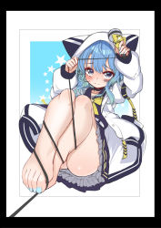 Rule 34 | 1girl, absurdres, arm up, ass, bare legs, barefoot, black border, blue dress, blue eyes, blue hair, blue nails, blush, border, bound, bow, bowtie, collarbone, commentary request, convenient leg, dress, embarrassed, feet, foreshortening, frilled dress, frills, gradient hair, hand up, highres, holding, holding microphone, hololive, hood, hooded jacket, hoshimachi suisei, hoshimachi suisei (school uniform), jacket, leaning back, legs, long hair, long sleeves, microphone, multicolored hair, nail polish, official alternate costume, senbon tsuki, shadow, shiny skin, sitting, solo, star (symbol), star in eye, symbol in eye, tied up (nonsexual), toenail polish, toenails, toes, virtual youtuber, white jacket, yellow bow, yellow bowtie