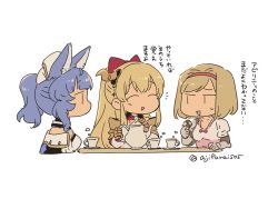 Rule 34 | 3girls, :d, ^ ^, animal ear fluff, animal ears, asaya minoru, blue hair, bow, breasts, brown hair, checkerboard cookie, closed eyes, cookie, cup, djeeta (granblue fantasy), closed eyes, food, gauntlets, granblue fantasy, hair bow, high-waist skirt, holding, holding food, horns, medium breasts, multiple girls, open mouth, pink skirt, ponytail, puffy short sleeves, puffy sleeves, red bow, shirt, short sleeves, simple background, skirt, smile, teacup, teapot, tikoh, translation request, twitter username, vira (granblue fantasy), white background, white shirt