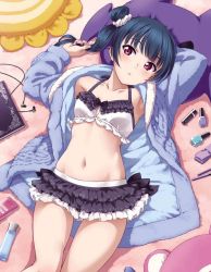 Rule 34 | 1girl, aqua sweater, artist name, artist request, bare legs, bare shoulders, bikini, blue hair, blush, breasts, cleavage, collarbone, female focus, frilled bikini, frilled skirt, frills, hair bun, hair ornament, hair scrunchie, holding, holding own hair, inou shin, long hair, looking at viewer, love live!, love live! school idol festival, love live! sunshine!!, lying, medium breasts, parted lips, ponytail, purple bikini, purple eyes, scrunchie, single hair bun, skirt, smile, solo, sweater, swimsuit, tsushima yoshiko, white scrunchie