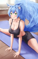 Rule 34 | 1girl, animal ear fluff, animal ears, bare arms, bare shoulders, black shorts, blue hair, blush, breasts, cleavage, collarbone, green eyes, large breasts, long hair, looking at viewer, original, ponytail, sarhce, shorts, sleeveless, solo, split, spread legs, tail, thighs, yoga, yoga mat