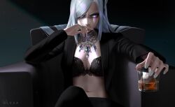 Rule 34 | 1girl, black bra, bra, breasts, cup, genshin impact, grey eyes, grey hair, hair over one eye, highres, holding, holding cup, jacket, jewelry, large breasts, long hair, looking at viewer, m alexa, navel, necklace, open clothes, open jacket, shenhe (genshin impact), sitting, solo, suit jacket, underwear