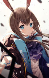 Rule 34 | 1girl, amiya (arknights), animal ear fluff, animal ears, arknights, artist name, ascot, black jacket, blue eyes, blurry, blurry background, brown hair, center frills, commentary request, depth of field, frills, hair between eyes, highres, jacket, long hair, long sleeves, looking at viewer, open clothes, open jacket, outstretched arm, parted lips, purple ascot, rabbit ears, rosuuri, shirt, sidelocks, solo, watermark, web address, white shirt
