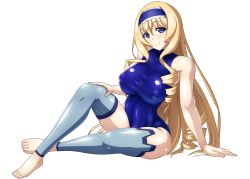 Rule 34 | 1girl, blonde hair, blue eyes, blue hairband, blue leotard, blush, breasts, cecilia alcott, covered erect nipples, covered navel, curly hair, drill hair, hairband, highres, infinite stratos, large breasts, leotard, lolita hairband, long hair, looking at viewer, pilot suit, shiny skin, simple background, sitting, skin tight, smile, solo, taut clothes, thighhighs, white background, yurizuku owl