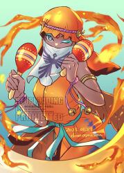 1girl artist_name blue_background blue_eyes blue_eyeshadow bright_pupils character_request dated dress eyeshadow fire forehead_jewel gradient_background highres hijab instrument makeup maracas one_eye_closed orange_dress orange_hijab shin_megami_tensei shinabita_nasubi solo twitter_username watermark white_pupils