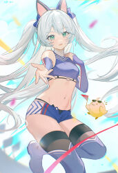 Rule 34 | 1girl, absurdres, animal ears, ariko (aaaaarik), azur lane, blue arm warmers, blue shorts, blue thighhighs, blurry, blurry background, blush, boots, breasts, commentary, confetti, crop top, fake animal ears, green eyes, hammann (azur lane), hammann (blushing fellow) (azur lane), highres, leg up, long hair, looking at viewer, manjuu (azur lane), micro shorts, midriff, navel, official alternate costume, open fly, open mouth, outstretched arm, race queen, short shorts, shorts, small breasts, sweat, thigh boots, thighhighs, thighs, two side up, very long hair, white hair