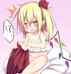 Rule 34 | !?, 1girl, ^^^, asymmetrical hair, asymmetrical wings, bad id, bad pixiv id, bare legs, bare shoulders, blonde hair, bow, camisole, child, dressing, flandre scarlet, hair bow, hair ribbon, highres, looking at viewer, namayakeinu, panties, red eyes, ribbon, short hair, side ponytail, sitting, solo, touhou, underwear, wings