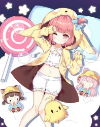 Rule 34 | 1girl, :&lt;, :3, :d, animal hood, arm up, azur lane, bloomers, blue bow, blue shirt, blush, blush stickers, bow, brown hair, bubble, candy, character doll, cinderella bust, closed mouth, cloud, commentary request, criss-cross halter, drawstring, dutch angle, food, hair bow, hair ribbon, halterneck, hood, hood up, hooded jacket, jacket, jiucheng nainai, kindergarten uniform, kisaragi (azur lane), lollipop, long hair, long sleeves, looking at viewer, lying, mutsuki (azur lane), navel, on back, one eye closed, one side up, open clothes, open jacket, open mouth, pillow, pink hair, pom pom (clothes), red ribbon, ribbon, shirt, sky, sleeves past wrists, smile, star (symbol), swirl lollipop, thick eyebrows, underwear, uzuki (azur lane), uzuki (sleepy uzuki) (azur lane), very long hair, white bloomers, yellow sky