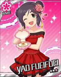 Rule 34 | 10s, 1girl, artist request, black hair, card (medium), character name, double bun, dress, earrings, flower, flower (symbol), green eyes, hair flower, hair ornament, idolmaster, idolmaster cinderella girls, jewelry, necklace, official art, one eye closed, pendant, pink background, red dress, smile, solo, sparkle, yao fueifuei