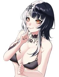 Rule 34 | 1girl, absurdres, bikini, bikini top only, black choker, black hair, black nails, blush, breasts, choker, cleavage, grey hair, hair ornament, highres, hololive, hololive english, kyoko nya, large breasts, long hair, looking at viewer, multicolored hair, shiori novella, simple background, smile, solo, split-color hair, swimsuit, two-tone hair, upper body, virtual youtuber, white background, yellow eyes