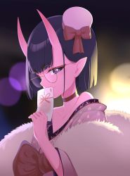 Rule 34 | 1girl, absurdres, bob cut, bow, breasts, choker, dress for demons, eyeliner, fate/grand order, fate (series), glasses, hat, highres, horns, japanese clothes, kimono, long sleeves, looking at viewer, makeup, mini hat, obabynight, obi, oni, pink hat, pink kimono, pointy ears, purple eyes, purple hair, red bow, sash, short hair, shuten douji (dress for demons) (fate), shuten douji (fate), skin-covered horns, small breasts, solo, wide sleeves
