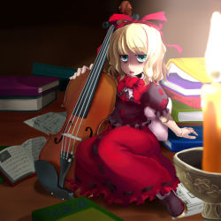 Rule 34 | 1girl, aqua eyes, bad id, bad pixiv id, bags under eyes, blonde hair, blue eyes, book, bow, candle, dark, doll, doll joints, female focus, foreshortening, frilled shirt, frilled skirt, frilled sleeves, frills, gothic lolita, green eyes, hair ribbon, indoors, instrument, joints, kasuka, lolita fashion, looking at viewer, medicine melancholy, music sheet, musical note, open mouth, ribbon, shirt, shoes, short hair, sitting, skirt, solo, touhou, violin