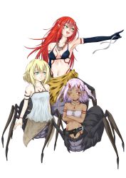 Rule 34 | &gt;:(, &gt;:d, 3girls, :d, arthropod girl, bad id, bad pixiv id, bikini, bikini top only, blonde hair, breasts, chain, crossed arms, elbow gloves, frown, gloves, green eyes, highres, horns, insect girl, long hair, medium breasts, monster girl, multiple girls, one eye closed, open mouth, original, pointy ears, purple hair, red eyes, red hair, ribbon, seark, short hair, simple background, small breasts, smile, spider girl, swimsuit, v-shaped eyebrows, white background
