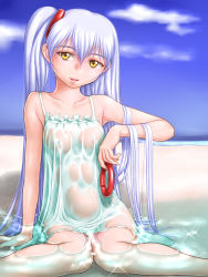 Rule 34 | 1girl, :d, ^jj^, arm support, beach, blue sky, breasts, cloud, collarbone, covered erect nipples, day, dress, hair between eyes, highres, hoshino ruri, kidou senkan nadesico, long hair, looking at viewer, open mouth, see-through, see-through silhouette, short dress, silver hair, sitting, sky, sleeveless, sleeveless dress, small breasts, smile, solo, very long hair, wet, wet clothes, wet dress, white dress, yellow eyes