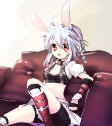 Rule 34 | 10s, 1girl, animal ears, bad id, bad pixiv id, bike shorts, blue hair, boots, braid, breasts, bunny (trickster), fingerless gloves, gloves, midriff, nochita shin, open mouth, rabbit ears, red eyes, short hair, sitting, skirt, small breasts, solo, trickster (ntreev soft)