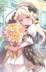 Rule 34 | 1girl, alternate costume, beret, black bow, blue archive, blush, bouquet, bow, brown hat, closed mouth, cowboy shot, dress, flower, halo, hat, hifumi (blue archive), highres, holding, holding bouquet, light brown hair, long hair, looking at viewer, low twintails, orange flower, outdoors, short sleeves, smile, solo, tomo (tomosa011326), twintails, white dress, white flower, yellow eyes, yellow flower, yellow halo