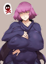 Rule 34 | 1girl, absurdres, blush, breasts, covered erect nipples, curvy, gundam, gundam zz, haman karn, highres, huge breasts, looking at viewer, natedecock, nervous, parted lips, pink eyes, pink hair, short hair, solo