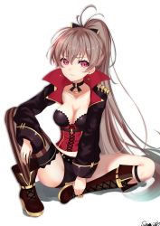 Rule 34 | 1girl, ahoge, alternate breast size, artist name, asymmetrical footwear, azur lane, black coat, black shorts, boots, bow, breasts, brown hair, choker, cleavage, coat, corset, cross-laced clothes, cross-laced footwear, earrings, full body, hair between eyes, hair bow, high heel boots, high heels, highres, jean bart (azur lane), jewelry, knee up, long hair, long sleeves, looking at viewer, medium breasts, midriff, ponytail, red eyes, red footwear, sazamiso rx, short shorts, shorts, signature, simple background, single thighhigh, sitting, solo, striped clothes, striped thighhighs, thighhighs, thighs, uneven footwear, vertical-striped clothes, vertical-striped thighhighs, white background
