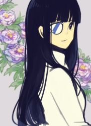 Rule 34 | 1girl, bad id, bad pixiv id, black hair, eyepatch, flower, long hair, looking at viewer, military, military uniform, purple background, sakamoto mio, shirono kuma, simple background, smile, solo, strike witches, uniform, world witches series