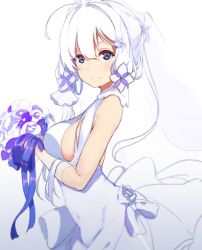 Rule 34 | 1girl, ahoge, azur lane, bad id, bad pixiv id, blue eyes, blue ribbon, bouquet, breasts, closed mouth, dress, flower, gradient background, grey background, hair over shoulder, highres, holding, holding bouquet, icehotmilktea, illustrious (azur lane), looking at viewer, medium breasts, mole, mole under eye, ribbon, rose, short hair, sidelocks, simple background, sleeveless, sleeveless dress, smile, solo, white background, white dress, white flower, white hair, white rose, white theme