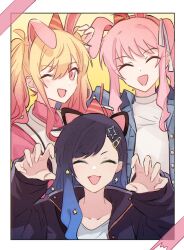 Rule 34 | 1other, 2girls, akistalu, akiyama mizuki, animal ears, black hair, blonde hair, blue hair, buttons, closed eyes, commentary, earrings, fake animal ears, hair ornament, hat, jewelry, long hair, long sleeves, multiple girls, one eye closed, open mouth, party hat, pink hair, project sekai, shiraishi an, shirt, single earring, star (symbol), star hair ornament, symbol-only commentary, tenma saki, white shirt