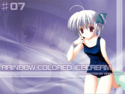 Rule 34 | 1girl, ahoge, arms behind back, bare shoulders, collarbone, hair ribbon, holding, innertube, leaning forward, looking at viewer, nanao naru, one-piece swimsuit, red eyes, ribbon, school swimsuit, short hair, solo, swim ring, swimsuit, towel, twintails, wallpaper, watch, white hair, wristwatch, zoom layer